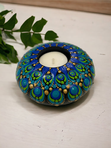Tea Light Candle Holder In Blues, Green & Gold
