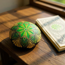 Load image into Gallery viewer, Large Art Stone, Yoga Stone, Meditation Stone - Green & Gold  - Gone Dotty