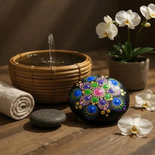 Load image into Gallery viewer, Small Art Stone, Yoga Stone, Meditation Stone - Green, pink and gold - Gone Dotty