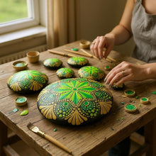 Load image into Gallery viewer, Large Art Stone, Yoga Stone, Meditation Stone - Green & Gold  - Gone Dotty