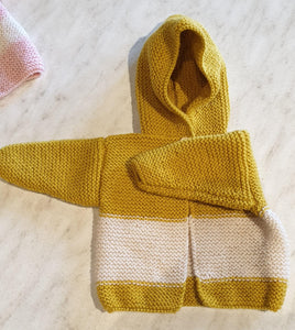 Hand knitted Wharfie Jacket - Primrose  and White -6 - 12 months - Nikki Dellavia