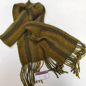 Green and Mustard hand woven, hand dyed and hand spun mohair and wool scarf - Elaine Wood