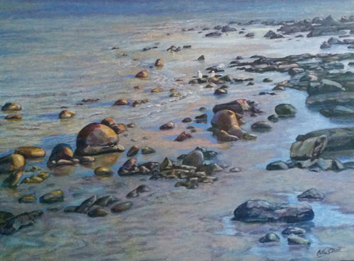 First Light on the Rocks - oils sticks on canvas - Cathi Steer