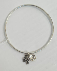 Sterling Silver Bangle with Seashell & Flip flop charms