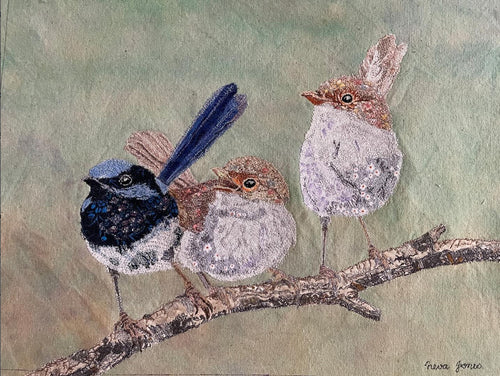 Trio of Superb Fairy Wrens - Machine Thread painting on fabric and canvas - Neva Jones