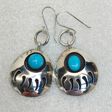 Load image into Gallery viewer, Navajo Turquoise Shadowbox Bear Paw Sterling silver earrings