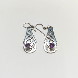 Vintage Sterling Silver Pierced Spoon handle earrings with Amethyst - Silver Rose Jewellery