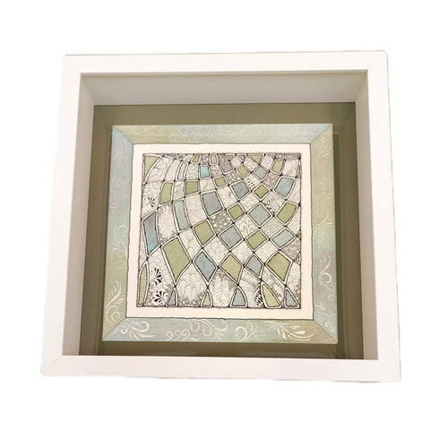 Framed watercolour, pen and ink -Muted Green -  Helen Kuster
