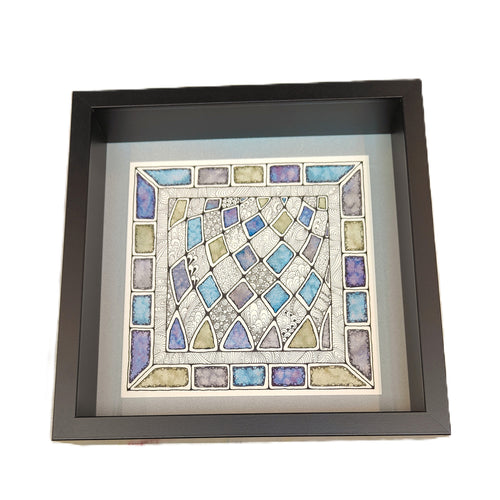 Framed watercolour, pen and ink -Muted Purple and Green - Helen Kuster