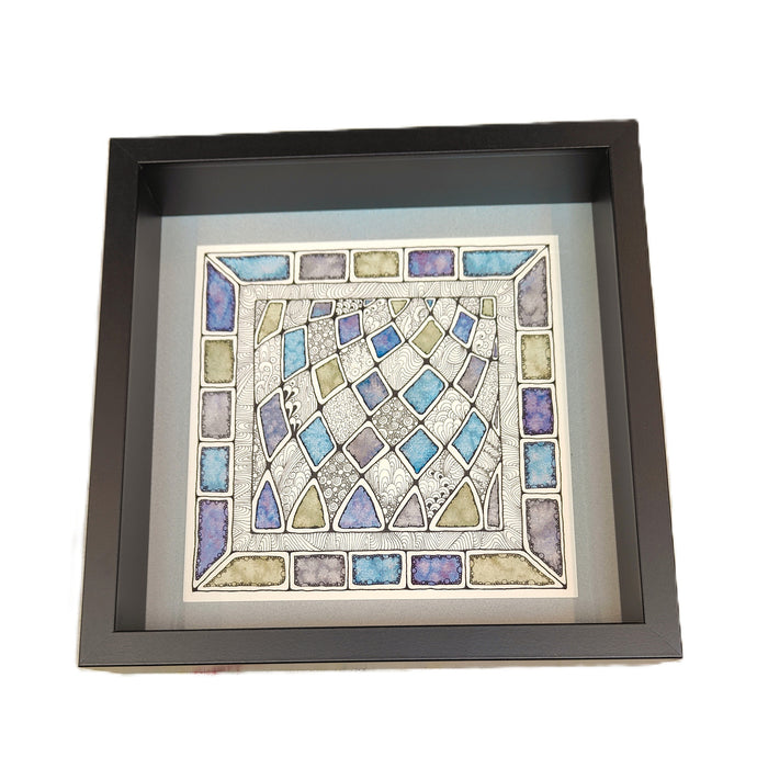 Framed watercolour, pen and ink -Muted Purple and Green - Helen Kuster