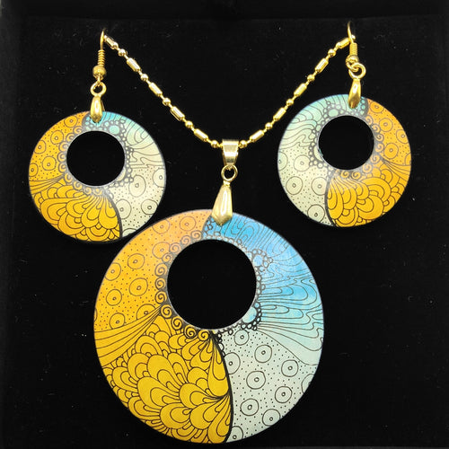 Round pendant and earring set - gold and aqua - Helen Kuster