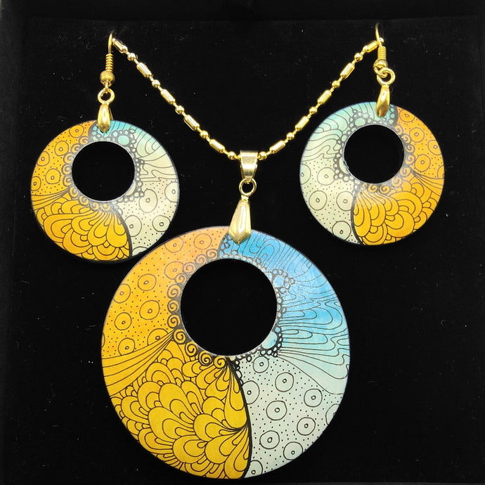 Round pendant and earring set - gold and aqua - Helen Kuster