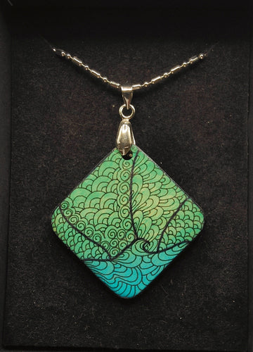 Hand painted square pendant #12 - aqua - Helen Kuster