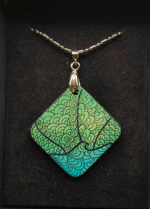 Hand painted square pendant #12 - aqua - Helen Kuster