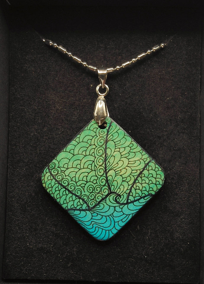 Hand painted square pendant #12 - aqua - Helen Kuster