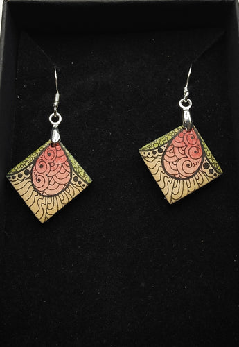 Small square drop earrings #19 - rose and Green - Helen Kuster