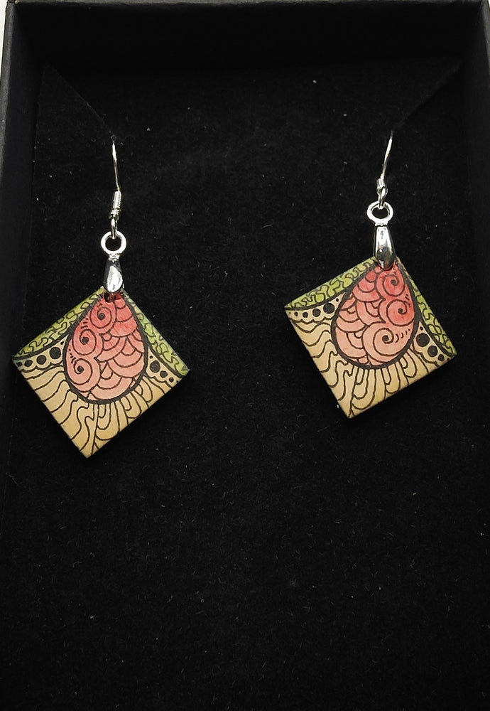 Small square drop earrings #19 - rose and Green - Helen Kuster