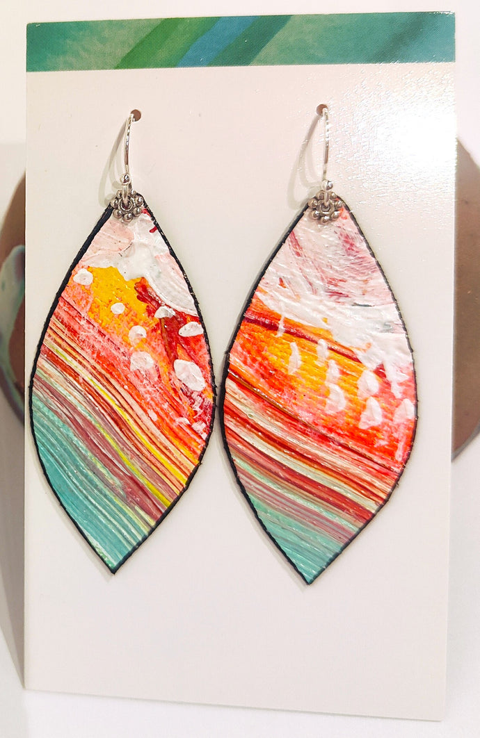 Hand painted canvas, leather and silver earrings #6 - Louise Warren