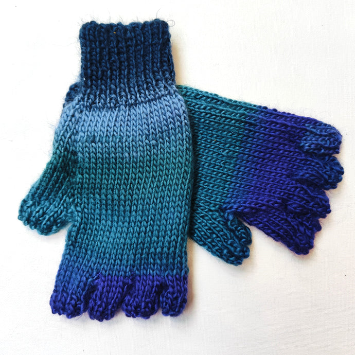 Hand knitted fingerless gloves - Blue  & Purple- Helen Brook
