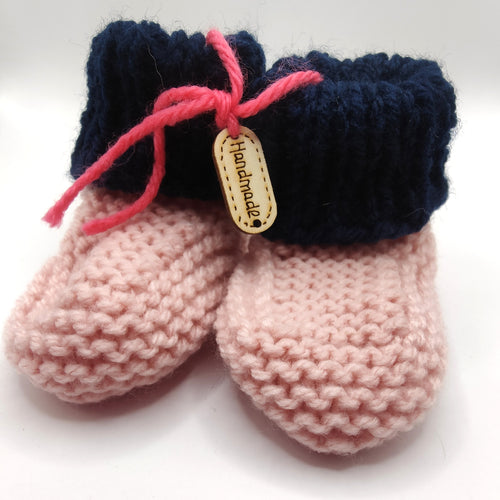 Baby Boots - Hand knitted - Baby pink sock with navy cuff - Nikki Dellavia