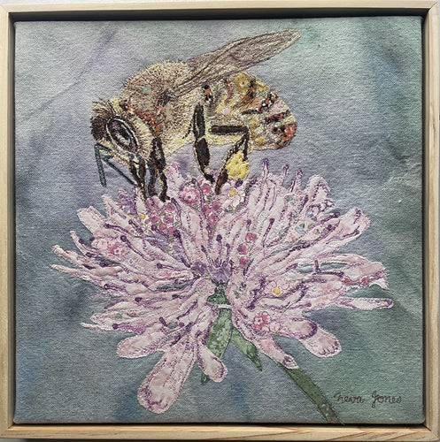 Honey Bee on Scabiosa - Machine thread painting on fabric and canvas - Neva Jones