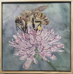Honey Bee on Scabiosa - Machine thread painting on fabric and canvas - Neva Jones
