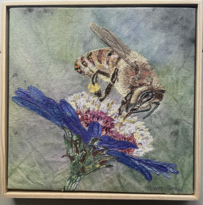 Honey Bee on Cornflower - Machine thread painting on fabric and canvas - Neva Jones
