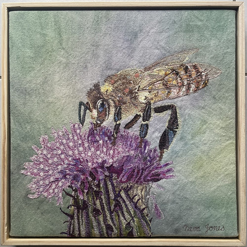 Honey Bee on Thistle - Machine thread painting on fabric and canvas - Neva Jones