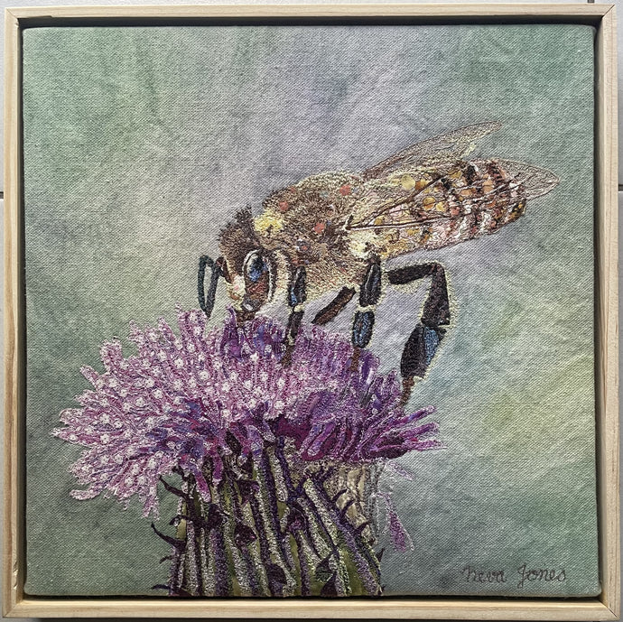 Honey Bee on Thistle - Machine thread painting on fabric and canvas - Neva Jones