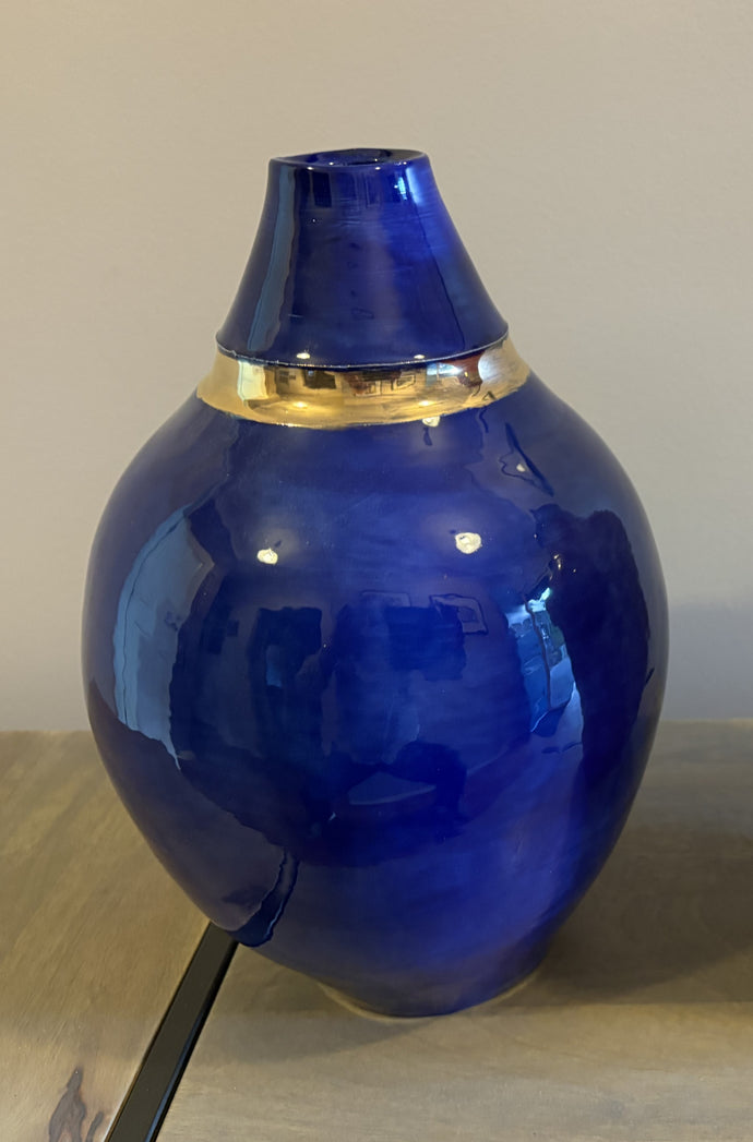 Ultramarine glazed sculptural vase with 24K gold leaf trim - Rodney Kirk