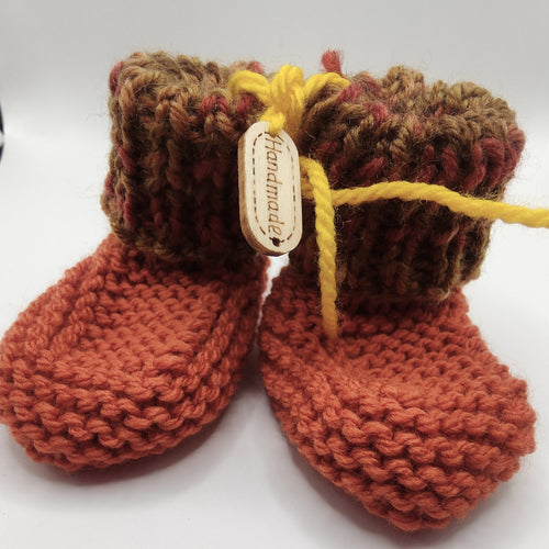 Baby Boots - Hand knitted - Burnt orange sock with brown multi cuff - Nikki Dellavia