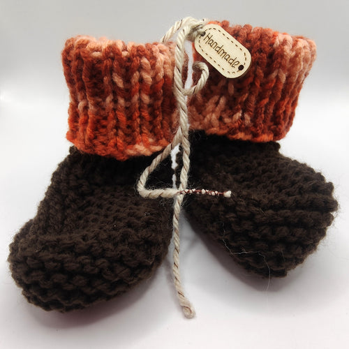 Baby Boots - Hand knitted - Chocolate sock with orange multi cuff - Nikki Dellavia