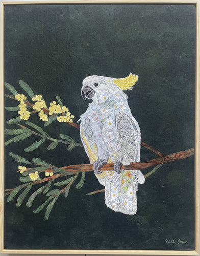 Sulphur Crested Cockatoo - Machine thread painting on fabric and canvas - Neva Jones