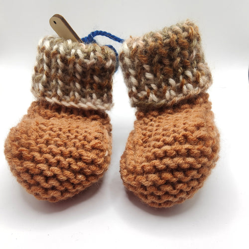 Baby Boots - Hand knitted - Coffee sock with brown multi cuff - Nikki Dellavia