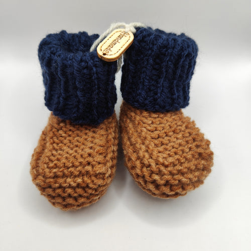 Baby Boots - Hand knitted - Coffee sock with navy cuff - Nikki Dellavia