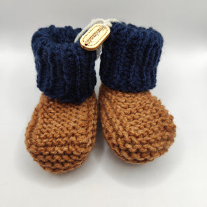 Baby Boots - Hand knitted - Coffee sock with navy cuff - Nikki Dellavia