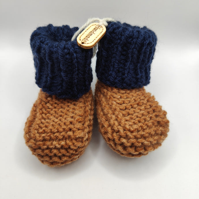 Baby Boots - Hand knitted - Coffee sock with navy cuff - Nikki Dellavia