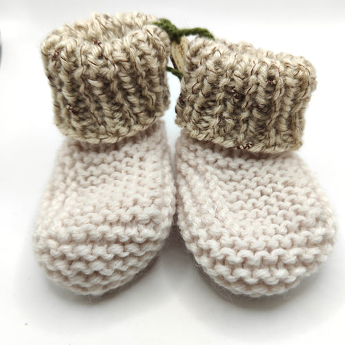 Baby Boots - Hand knitted - Cream sock with brown fleck cuff - Nikki Dellavia