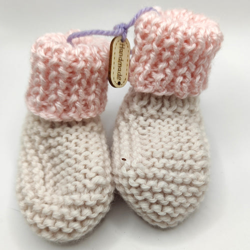 Baby Boots - Hand knitted - Cream sock with baby pink cuff - Nikki Dellavia