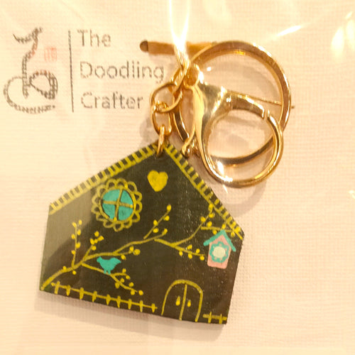 Hand-Painted Leather Key Ring - Bird House- Kendra Chang