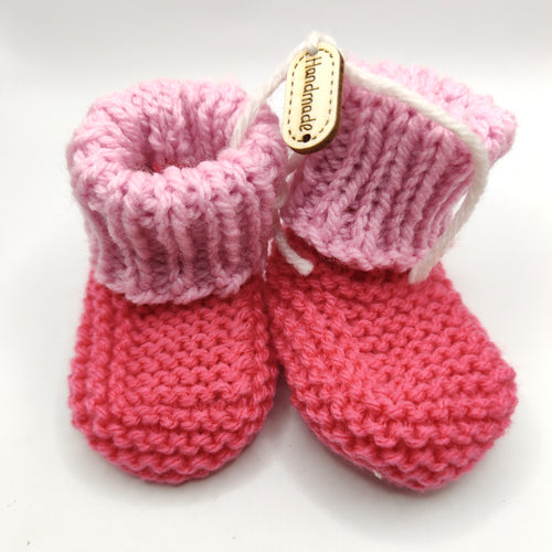 Baby Boots - Hand knitted - Hot  pink sock with  musk pink cuff - Nikki Dellavia