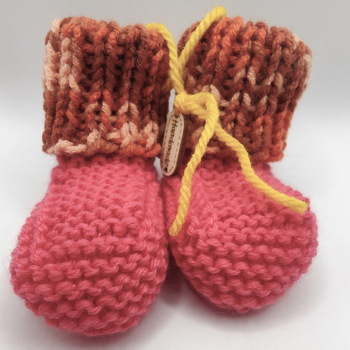 Baby Boots - Hand knitted - Hot pink sock with brown multi cuff - Nikki Dellavia