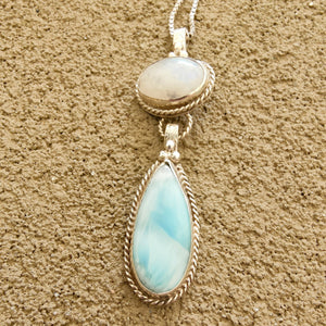 Moonstone and larimar pendant on a  silver chain
