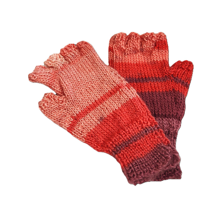 Hand knitted fingerless gloves -Red / Purple multi- Helen Brook