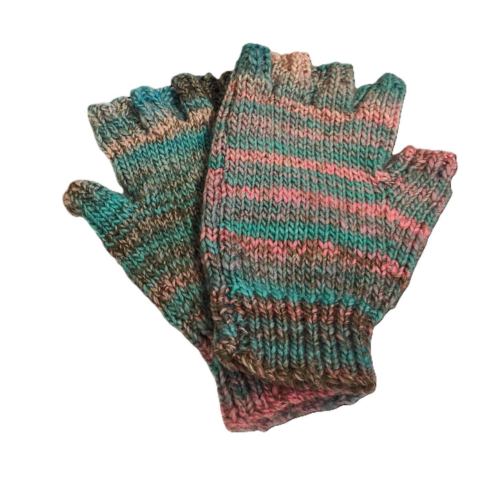 Hand knitted fingerless gloves - Pink / Blue multi- Helen Brook