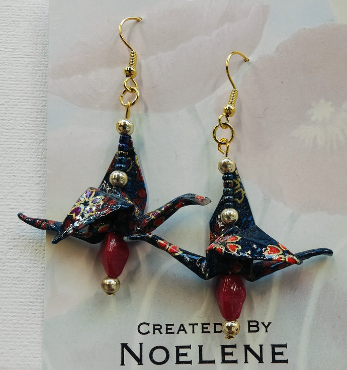 Origami Crane Earrings - Black & Red - Noelene Forbes