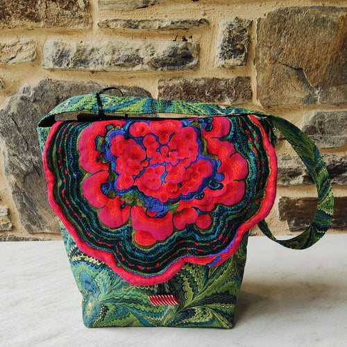 Peacock with red flower detail fabric shoulder bag - Pen Morrison