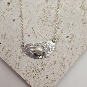 Cultured Pearl & Embossed Sterling Silver Spoon Necklace - Silver Rose Jewellery
