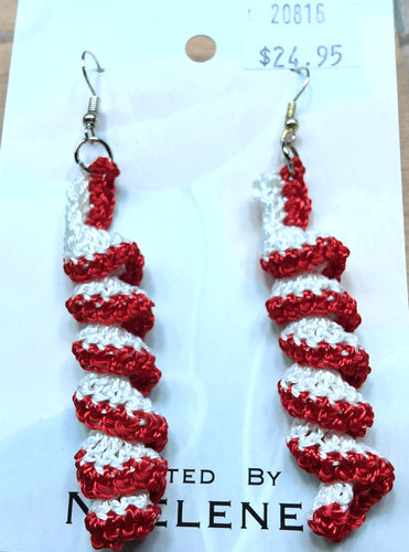 Crochet spiral earrings - red and white - Noelene Forbes
