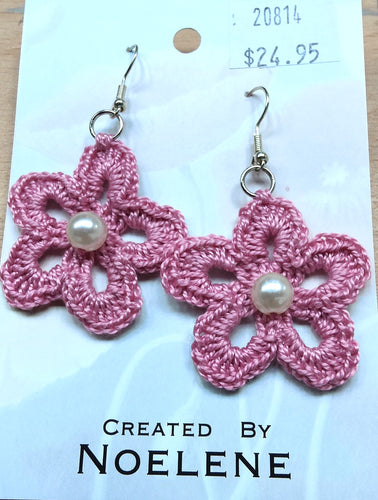 Crochet flower earrings - pink with faux pearl centre - Noelene Forbes